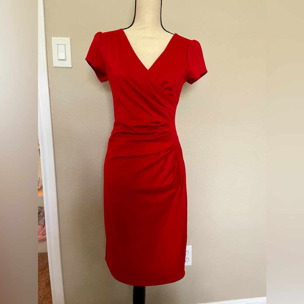 Red Ruched V-neck Dress